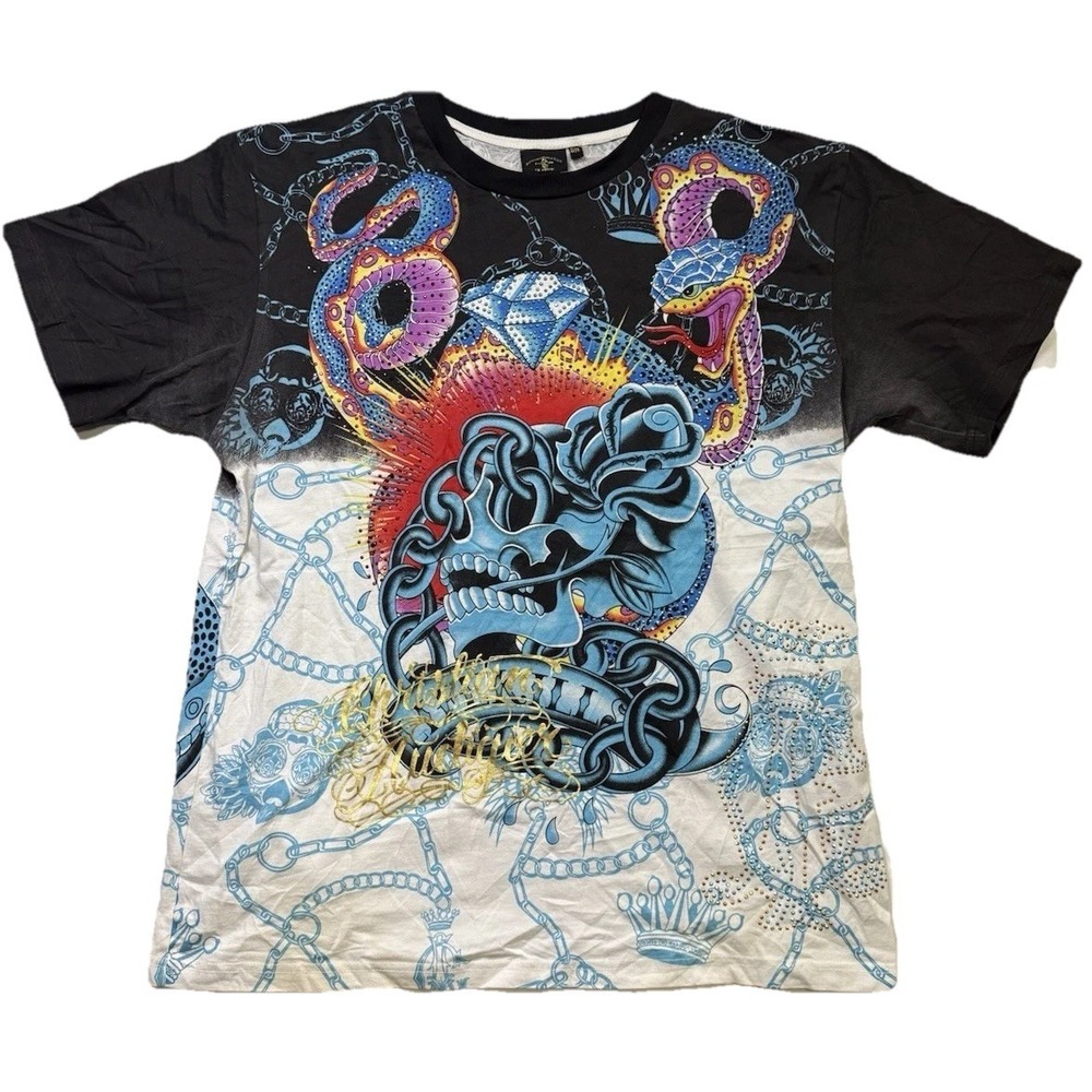Vintage Christian Audigier Skulls & Roses AOP XL Rinestones‎ Double Sided NWOT